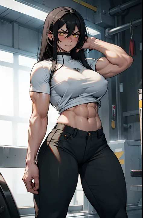 1girl, extremely long hair, solo, ((muscular)), veins, black hair, yellow eyes, blushing, thick thighs, pale skin, strong, veins, abs, big thighs, huge breasts, navel, standing, angry, tight pants, tight shirt