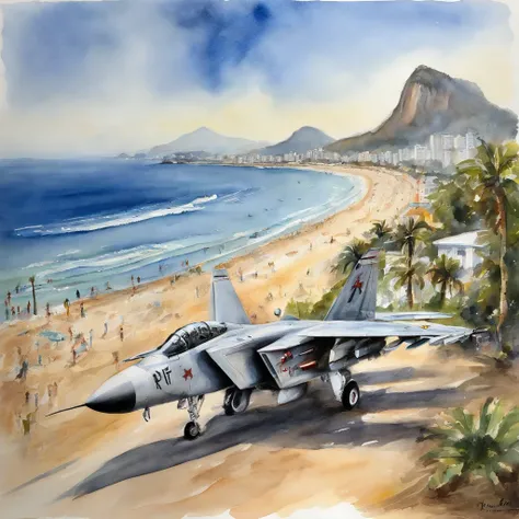 F-14 Tomcat plane flying over Copacabana beach in Rio de Janeiro, oil-painting, alta qualidade.