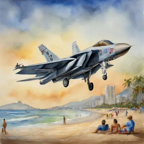 F-14 Tomcat plane flying over Copacabana beach in Rio de Janeiro, oil-painting, alta qualidade.