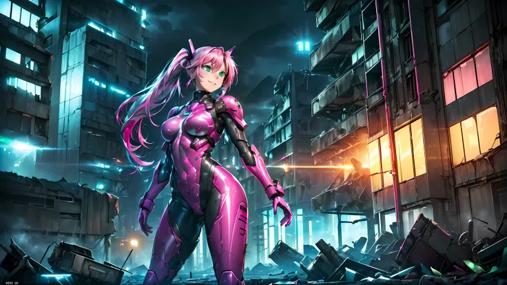 ​masterpiece, 1girl ((20year old, dressed in a futuristic tight bodysuit, mech armor, boots, medium breasts, boots, multicolor pink hair, twin ponytails, perfect model body, detailed green eyes:1.5, flirting, happy, big smile, standing in a alien battlefie...