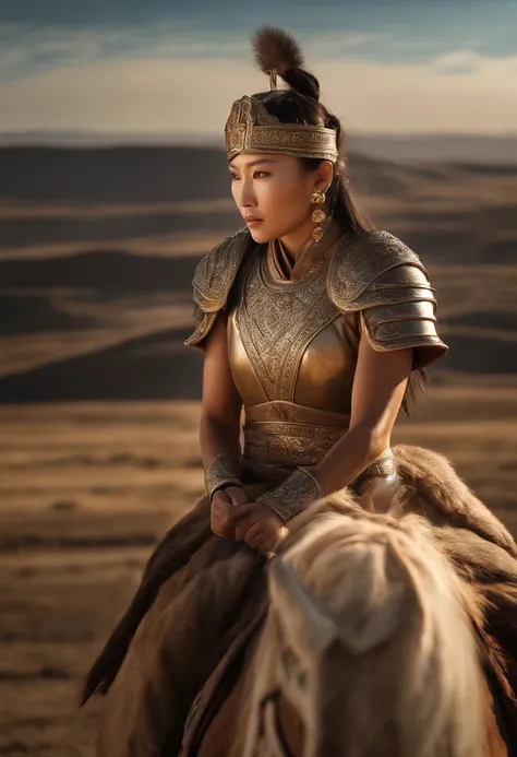 Hyper Realistic Long shot. Khutulun Mongol Princess, powerful and determined, wrestling match, vast Mongolian landscape, sun-kissed, showcasing her unparalleled strength and resilience. --v 5 --ar 16:9 --q 1