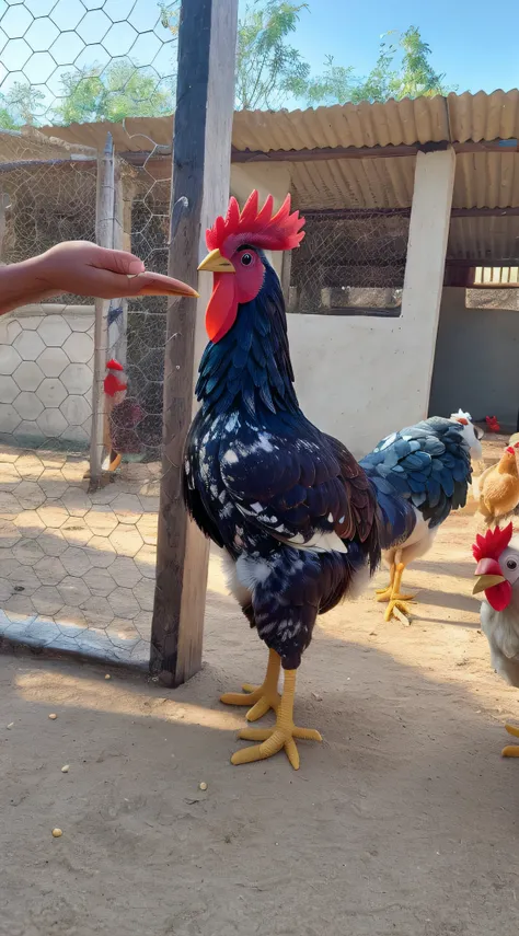 Chickens are standing in a pen with a man pointing at them, O Rei do Galo, galo!!!!, galo, arrogante, Penas de frango, muda, arrogant expression, Galinhas, olhar orgulhoso, asas requintadas e bonitas, frango antropomorfizado, armadura de penas de galinha, ...