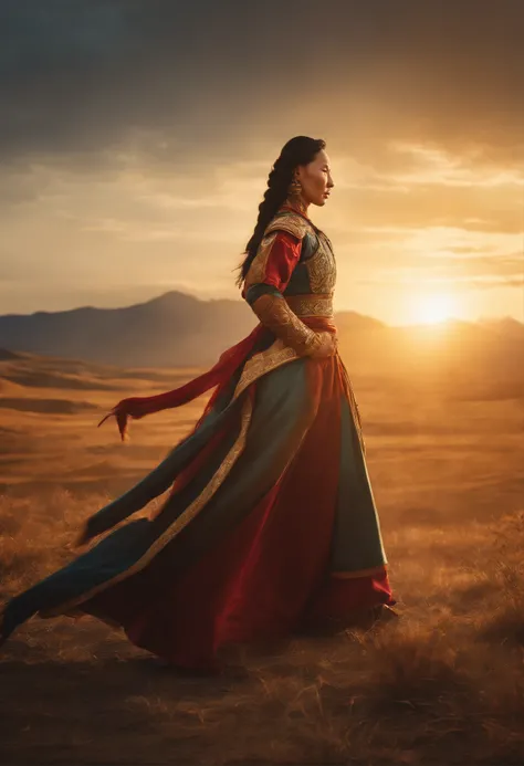 Hyper Realistic Long shot. Khutulun Mongol Princess, powerful and determined, wrestling match, vast Mongolian landscape, sun-kissed, showcasing her unparalleled strength and resilience. --v 5 --ar 16:9 --q 1