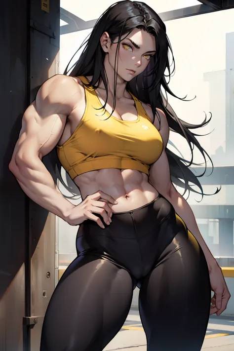 black hair, very long hair, yellow eyes, thick thighs, large breasts, (muscular), pale skin, leggings, tank top, toned body