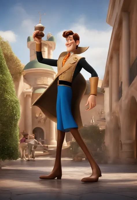 Uma Disney 3D/Cartaz do filme Pixar. um homem, moreno, 38 anos de idade, 1,95 de altura, cabelos pretos lisos com um corte na lateral, esta vestido com um belissimo fraque preto, sapatos prestos, esta toamndo um cafe em bessima cafeteria de luxo.