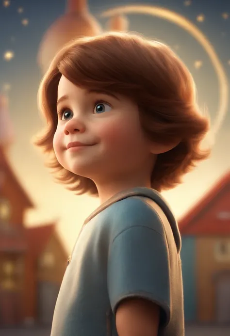 a happy cute kid standing short hair, vestindo uma fantasia espacial, , fundo branco, barnet, tom, Estilo Pixar, ..3d, desenhos animados, rosto detalhado, asymmetrical 16k