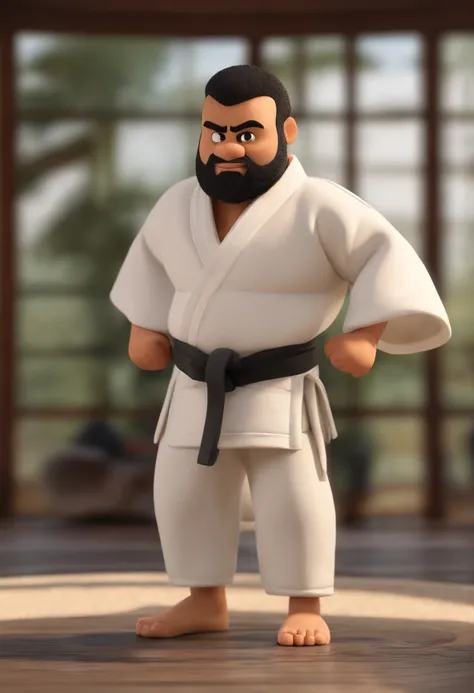 Homem careca barba preta, vestindo um kimono judo faixa preta , fundo tatame, barnet, Tom, Estilo Pixar, ....3d, desenhos animados, rosto detalhado, asymmetrical 16k