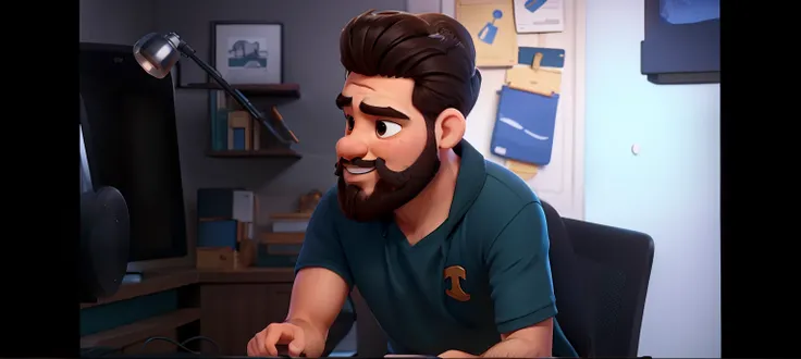 Um jovem branco de barba em um podcast estilo desenho animado Pixar