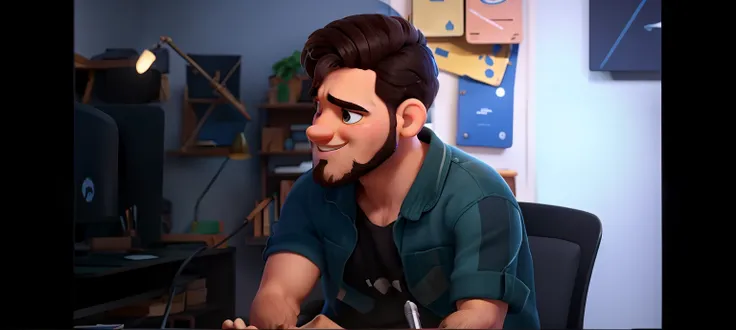 Um jovem branco de barba em um podcast estilo desenho animado Pixar