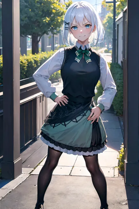 masterpiece, best quality, highres, 1girl white hair blue eyes x hair ornament,(wearing black footwear, kneehighs, green skirt, black socks, loafers, green bow, sweater vest, green ribbon:1.2), standing, leaning forward, (hand on hip, angry, pov :1.2), smi...