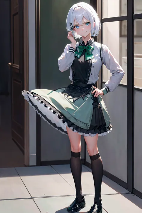 masterpiece, best quality, highres, 1girl white hair blue eyes x hair ornament,(wearing black footwear, kneehighs, green skirt, black socks, loafers, green bow, sweater vest, green ribbon:1.2), standing, leaning forward, (hand on hip, angry, pov :1.2), smi...