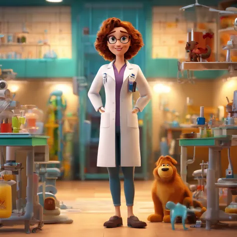 create a 3D movie poster inspired by Disney Pixar, The scene should be in Pixars signature digital art style, with a caricature image of a white woman with curly hair, medium size, light brown color, with a lab coat in a medical lab