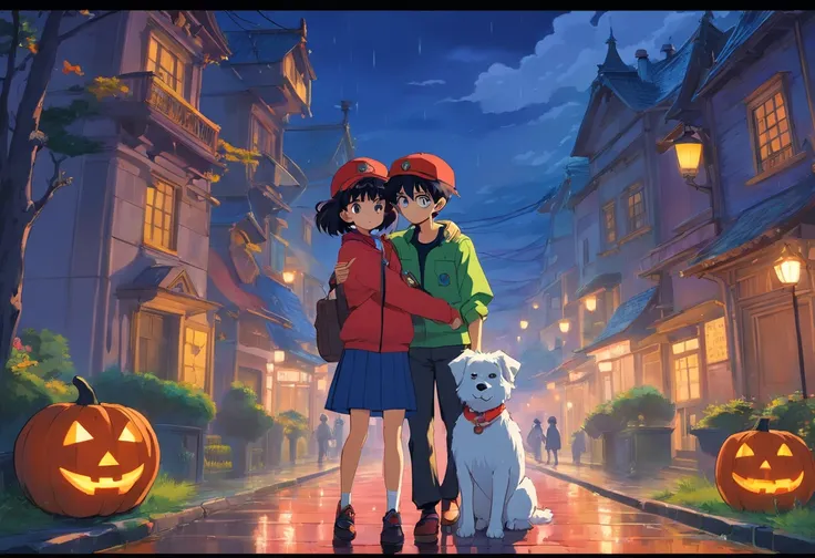 Anime art of Misato Katsuragi from Neon Genesis Evangelion, detailed scene, stunning details, trending on artstation, rainy day, ray-traced environment, vintage 90s anime artwork. Two men in their 20s hugging a Maltese dog. One man has dark skin, curly hai...