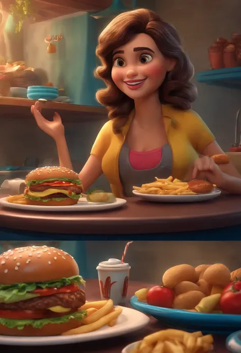 Make a Girl, Shes hungry, como Disney Cartoon, Shes eating hamburger, Pixar, ..3d, Disney