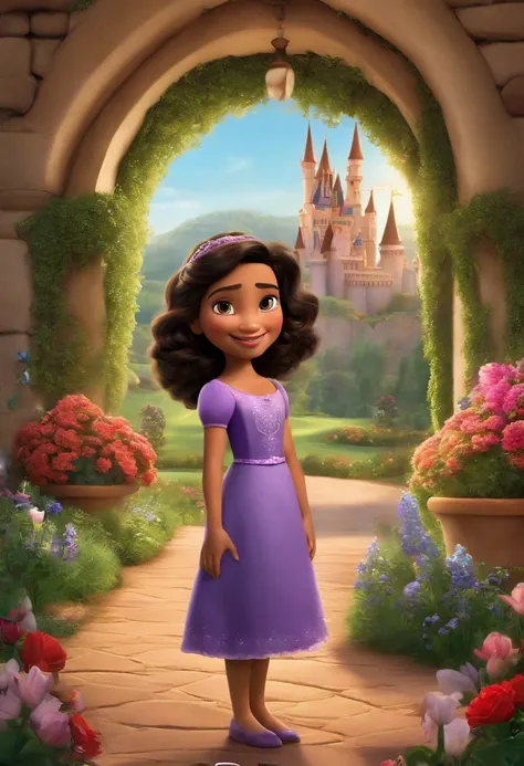 Create a movie poster in the pixar style, The character is an 11-year-old child dressed as a Disney princess, has a striking presence and her light brown skin makes a perfect contrast with her curly black hair and her penetrating brown eyes. The story unfo...