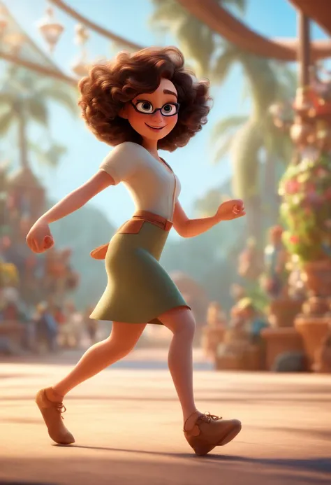 Pixar style image with 3D character white glasses brunette woman short curly hair dancing, Maquiagem Disney,Pescador, bonitinho, sorridente ,Close-up, Pixar, Disney, Cinema lighting,