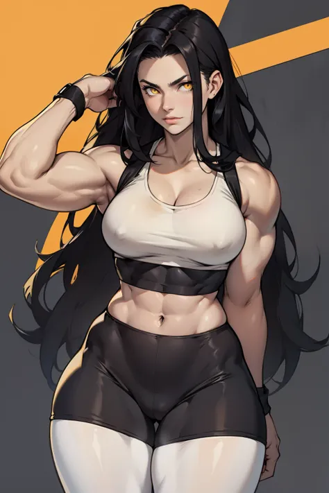 black hair, very long hair, yellow eyes, thick thighs, large breasts, (muscular), pale skin, leggings, tank top, toned body