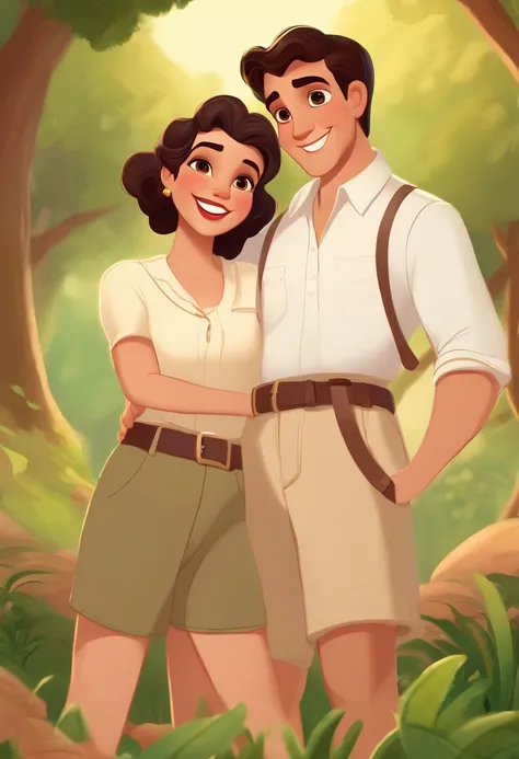 Cute female Disney character, long black hair, light brown and cheerful eyes, fair skin, white blouse, high-waisted shorts in khaki color, cute 6-year-old male Disney character, brown eyes, brown hair with a quiff in front of the hair, light skin, white bl...