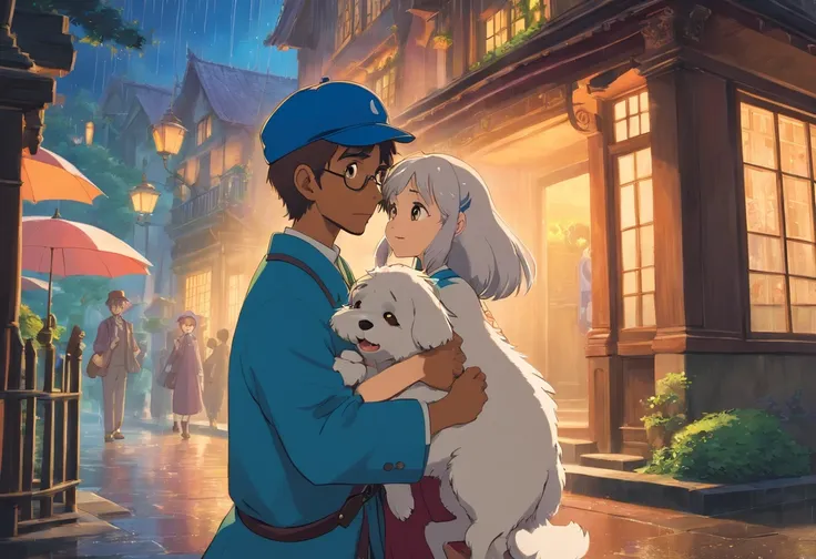 Adetailed scene, stunning details, trending on artstation, rainy day, ray-traced environment, vintage 90s anime artwork. Two men in their 20s hugging a Maltese dog. One man has dark skin, curly hair and a blue cap and the other white, has a beard. They are...