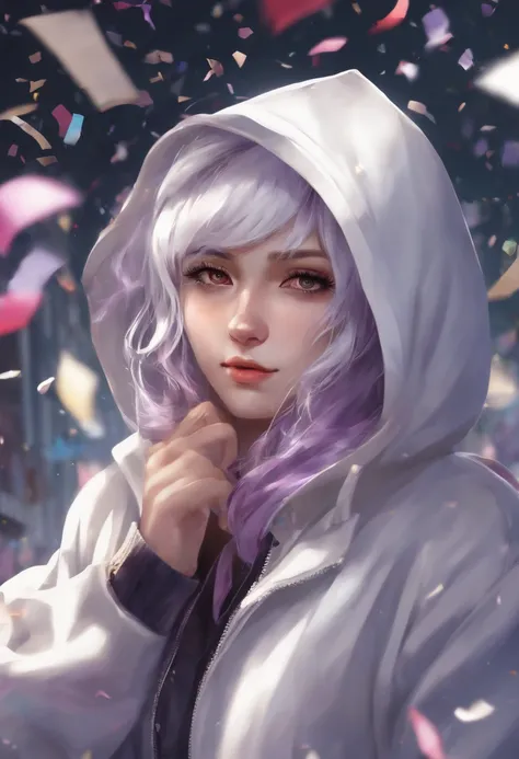 best quality,ultra-detailed,realistic,anime,portraits,short white hair,deep purple eyes,hoodie,personal computer,streamers,street style,surrounded by confetti