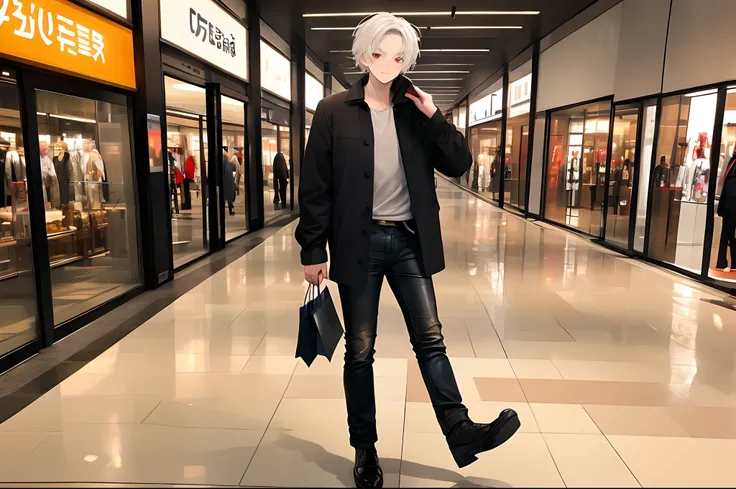 (4K works))、​masterpiece、(top-quality)、((shopping mall))、Korean Male、Adult male、((Adult 50 years old))、((Adult uncle type))、((Leather Jeans Style))、((Face similar to Hyunjin))、Cool Men、tall、((Gentle face))、((Cool werewolf fashion in black))、((Long sleeve l...