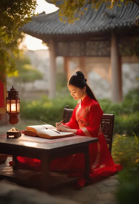 A photo of a beautiful girl in a traditional Chinese dress looking at the ancient Chinese book under the lamp on a low table in the garden surrounded by ancient walls on a peaceful evening,((His right holds a pen and his left hand places it on the table)),...