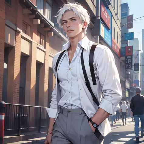 ((realistic: 1.5)),((best quality)), ((masterpiece)),((detailed)), man, white-haired, short, sideways, white shirt, pants, walking in crowd