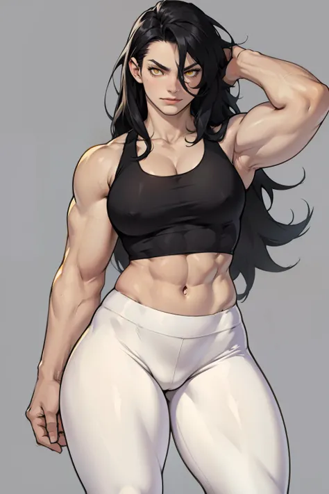 black hair, very long hair, yellow eyes, thick thighs, large breasts, (muscular), pale skin, leggings, tank top, toned body