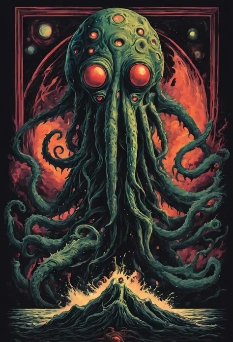 retro poster art, explore the lovecraftian horror genre with an illustration that conveys the otherworldly and cosmic dread ofte...