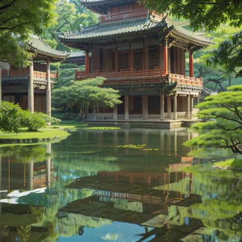 (aerial view:1.1), palace, (Chinese architecture), (ornate decorations), (symmetrical layout), (serene atmosphere), (royalty vibes), (breathtaking landscape), (lush gardens), (lotus ponds), (koi fish), (pagodas), (intricate carvings), (elaborate roof detai...