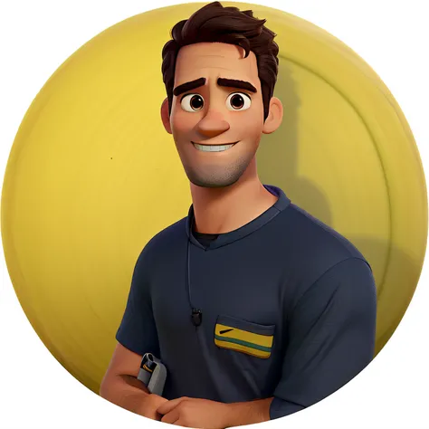 um homem no estilo pixar, retire o fundo e coloque esse personagem em um campo de futebol, With whistle hanging around his neck and on a football field