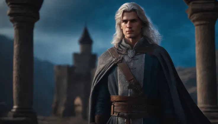 A young beautiful male character with medium silver hair looking at the kingdom with a serene expression, medieval clothes, blue eyes, he has a sword, dark setting, ultra-realistic, Guweiz drawing style, landscape, 8k, winter, dramatic particles, melhor qu...