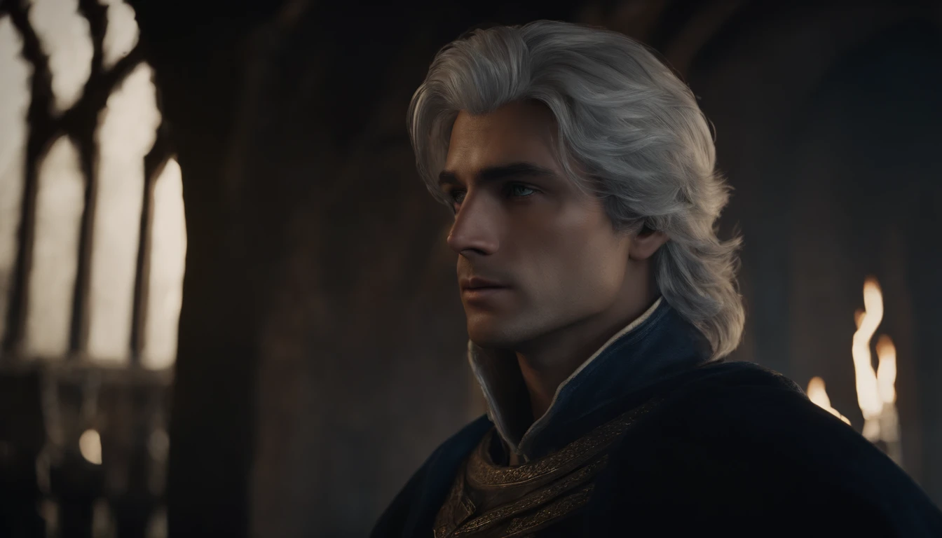 A handsome young male character with medium silver hair looking at the kingdom with a serene expression, roupas medievais, olhos azuis, ele tem uma espada, Dark setting, ultra-realistic, Estilo de desenho Guweiz, Landscape, 8k, inverno, Dramatic Particles,...