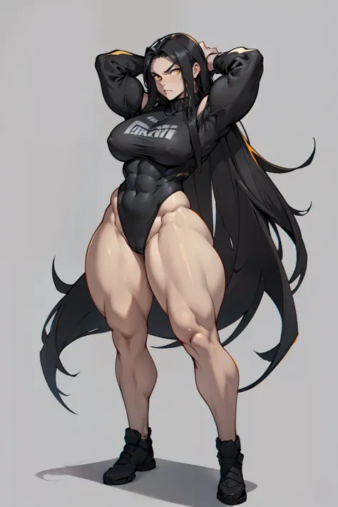 ((grey background))  pale skin black hair yellow eyes (very long hair) angry ((1 girl muscular toned body bodybuilder curvy wide hips thick thighs big tits)) (full body solo) standing (long sleeves leotard arms over head)