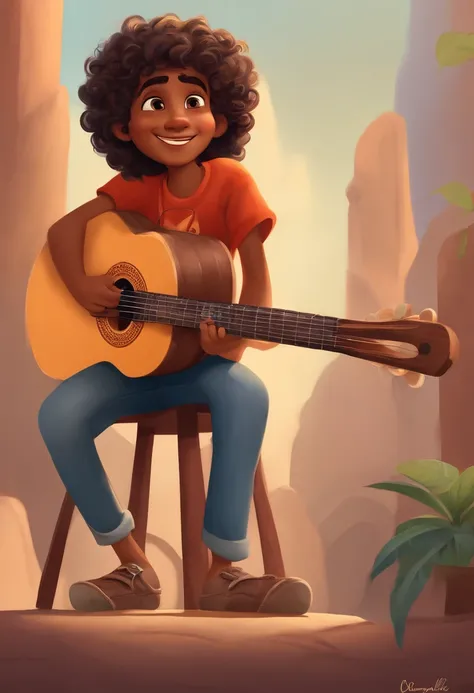 crie um banner no estilo Pixar. A boy with Indian features, moreno pardo com cabelos curtos, Castanhos escuros, Curly and slightly grayish appearance, mas jovem, usando uma camiseta, Wearing jeans and holding a classical guitar with 7 strings.