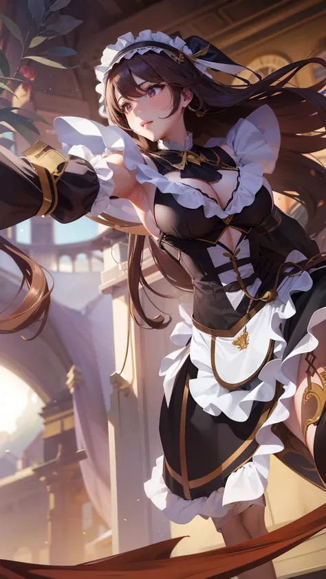 woman, long brown hair, revealing maid dress,  bandanamid, long sleeves, mask, big boobs,beatiful face,focus eyes