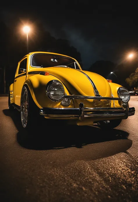 Carro Volkswagen Fusca amarelo com vidros pretos, com roda bbs cromada, com para-choques lisos, With mile headlights walking down the street at night