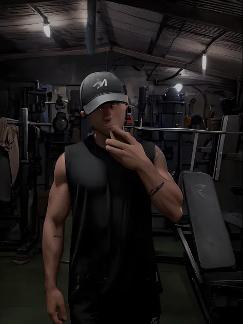 Man in black tank top shirt and cap, na academia, estilo pixar