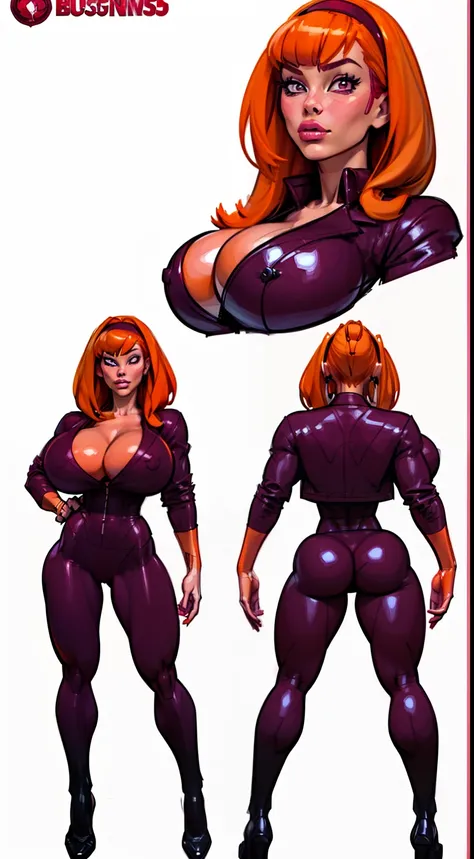 ((masterpiece)),(((best quality))), ((character design sheet:1.4)), ((full body view)) illustration,1girl, muscular, ((burgundy business suit:1.4)), blossom, (red hairband), ((orange hair:1.4)), burgundy suit ((detailed face:1.4)) ((gigantic breasts:1.3)),...