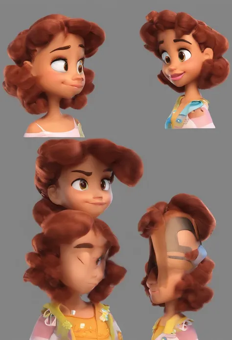 Uma menina bonita com cabelo cacheado grande com franja e castanho escuro, inspired by the charming Pixar cartoon that manipulates infusions. The character is a medium-toned, dark-skinned Brazilian, Stands out with captivating facial expressions, de roupa ...