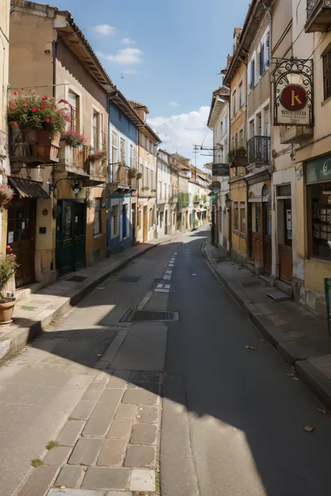 Ruela de cidade francesa, with historic buildings, ao final da tarde, Bars and cafes along the street, imagem ultra realista, ultra detalhada