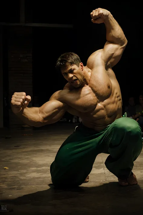 man in the middle of a fight with his fists raised, hulking, man, portrait of the man, hulk like physique