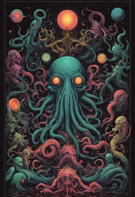 poster art, explore the lovecraftian horror genre with an illustration that conveys the otherworldly and cosmic dread often asso...