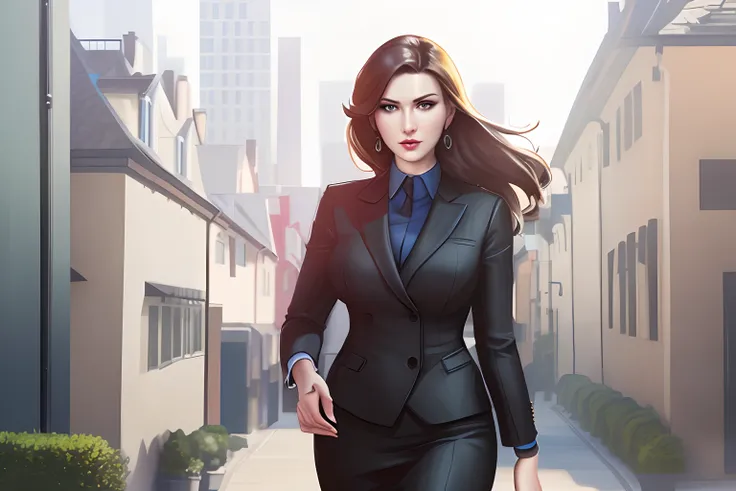 Woman in black suit walking down the street with a suitcase, anya from spy x family, digital art of an elegant, girl in suit, female lead character, girl in suit, Businesswoman, official character art, wearing a strict business suit, Illustration of an off...