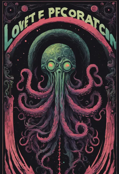 POSTER ART, Explore the Lovecraftian horror genre with an illustration that conveys the otherworldly and cosmic dread often associated with the works of H.P. Lovecraft. text, logos, modern art, pop art, black background