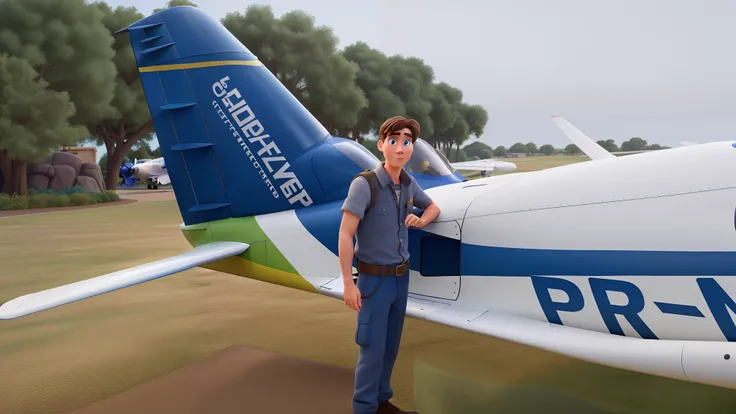 A White Man Near An Airplane In Disney Pixar Style Highlight On Face High Quality Best Quality