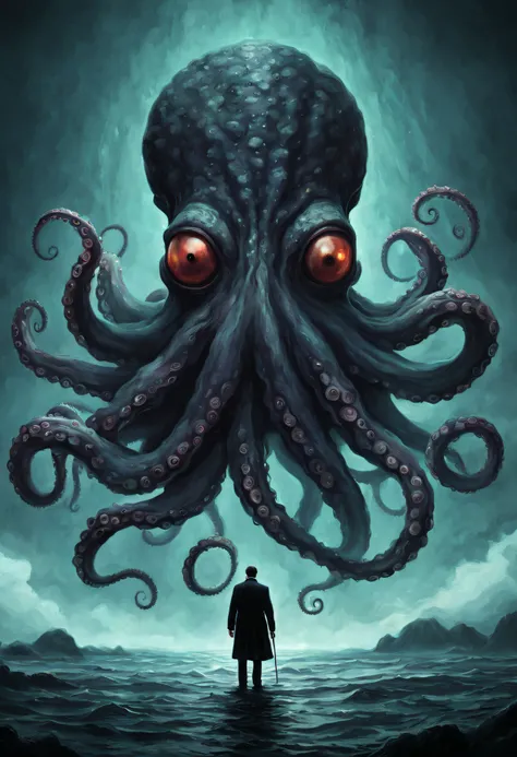 dark monster, octopus, man, hp_lovecraft_style,