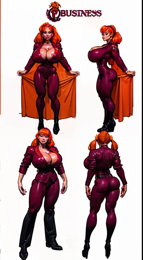 ((masterpiece)),(((best quality))), ((character design sheet:1.4)), ((full body view)) illustration,1girl, muscular, ((burgundy business suit:1.4)), blossom, (red hairband), ((orange hair:1.4)), burgundy suit ((detailed face:1.4)) ((gigantic breasts:1.3)),...