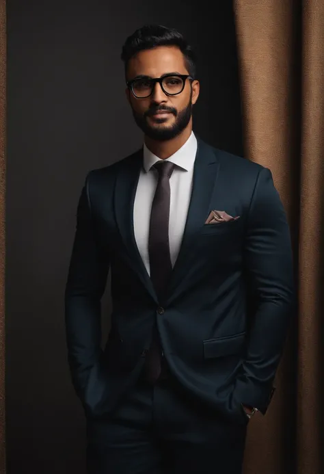 Uma Disney 3D/Cartaz do filme Pixar.Man in suit and glasses standing in front of a curtain, uma imagem inspirada em Ahmed Karahisari, pexels, Hurufiyya, wearing a suit and glasses, in suit with black glasses, com barba e jaqueta preta, Riyahd Cassiem, vest...