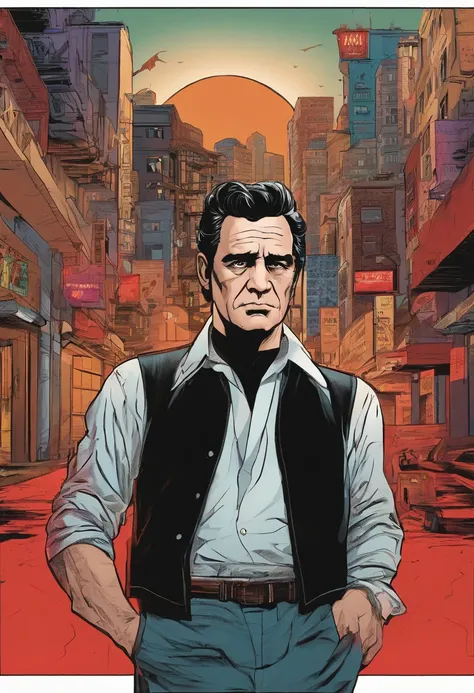 Johnny Cash, wearing a black t-shirt, short sleeve, stands in front of a graphitti art enviroment. His hands are casually tucked into his pockets as he stares directly into the camera, his intense gaze capturing the attention of all who see it. The red lig...